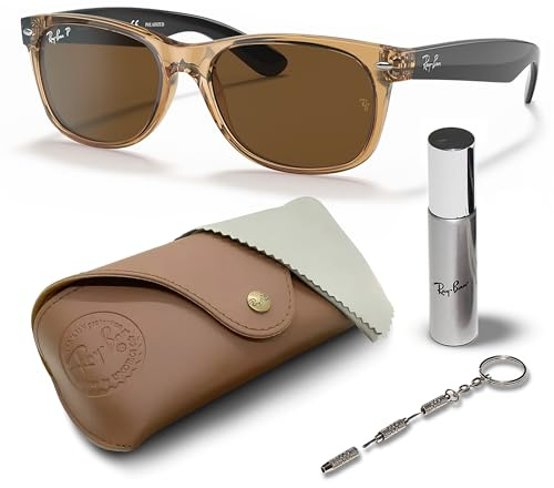 Ray-Ban RB2132 New Wayfarer quadratische Sonnenbrille, BRILLEN-SET | Exklusiv-Etui und Care-Kit | Polished Honey/Polarized Brown