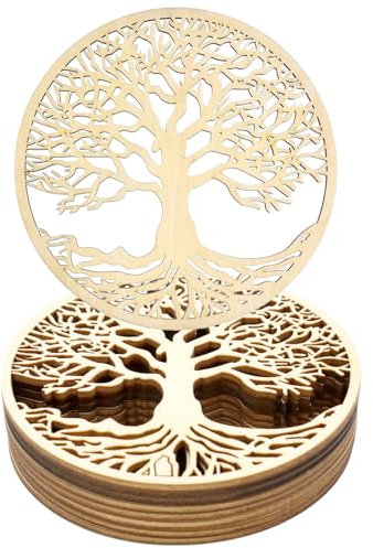VEGCOO Lot de 12 Arbre de la Vie Dessous de Verre, Dessous de Verre Bois, Fleur de Vie en Bois, sous-Verres en Bois pour Méditation, Maison Décoration, Ornement de Salle à Manger(10 x 10cm)