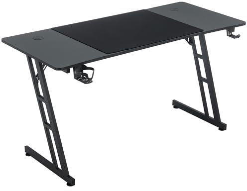 SUBTLETY 140x60cm Escritorios Mesas de Ordenador Escritorio Ergonómico para Juegos con Tablero de Imitación de Fibra de Carbono, Orificio para Cables, Portavasos y Auriculares Soporte (sin LED)