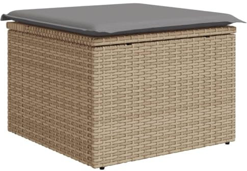 vidaXL Gartenhocker mit Kissen, Hocker mit abnehmbarem waschbarem Bezug, Gartenstuhl mit Staufach unter Sitzfläche, Sitzhocker Gartenmöbel, Beige Poly Rattan