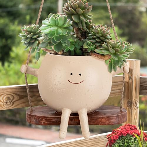 Aishkimo Swing Face Planter Pot, Hanging Resin Flower Head Planters, Face Planters Pots Head for Indoor, Outdoor, Swinging Plant Pot Decor, Succulent Planter