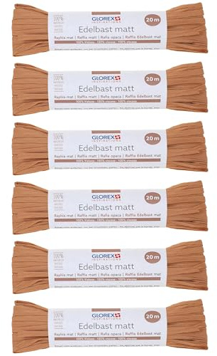GLOREX 6 9400 512K - Raffia Edelbast, 6 Bündel je 20 m matter Bast, Sand - zum Basteln, zur Dekoration oder für Gestecke, Sträuße und andere floristische Arbeiten