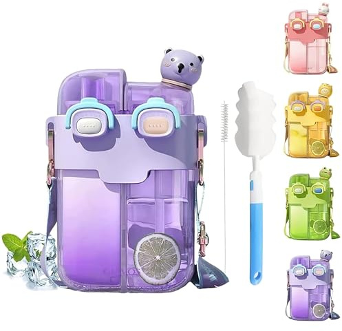 Hi-Y2Kgirls Kawaii Water Bottle with Straw, BPA-free Cute Water Bottles with Kawaii 3D Stickers, Portable Double Chamber Bottle with Leakproof Cap and Adjustable Strap, 26 oz