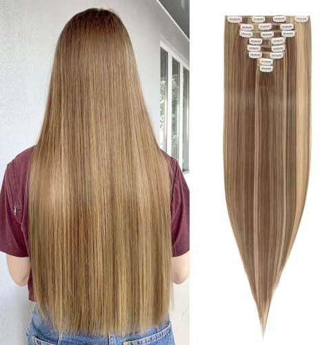 SEGOHAIR Clip In Extensions Haarverlängerung SET 8Pcs 18 Clips Voller Kopf Wie Echthaa Glatt - Synthetisches Haarteil Für Damen 26(66cm) Goldbraune Mischung Dunkelblond