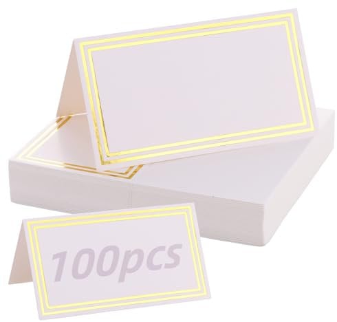 Aselected 100 Pcs Table Place Cards, 10 x 9 cm Gold Foil Name Card Foldable to Stand, Double Sides Table Seating Cards, White Place Card for Table Setting Party Dinner Reception