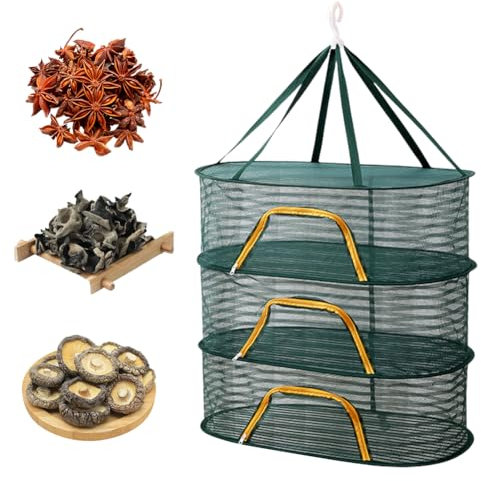Rete Pieghevole per Asciugatura a Strati,Rete Di Essiccazione Delle Erbe,Rete Di Essiccazione Sospesa Con Chiusura Lampo,Rete Pieghevole per Asciugatura a Strati,Per Erbe,Fiori (Verde Scuro, 3-strati)