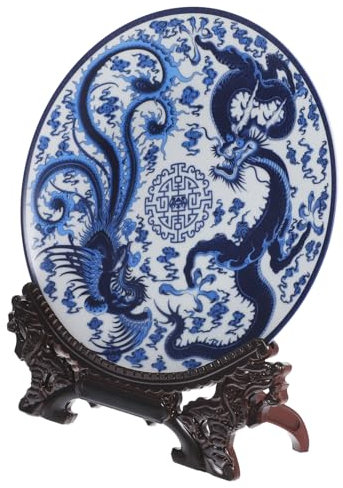 GREENADSCAPE 1ensemble Plat Décoratif Porcelaine Bleue Et Blanche Assiette Céramique Ronde avec Support pour Décoration De Bureau Style Chinois