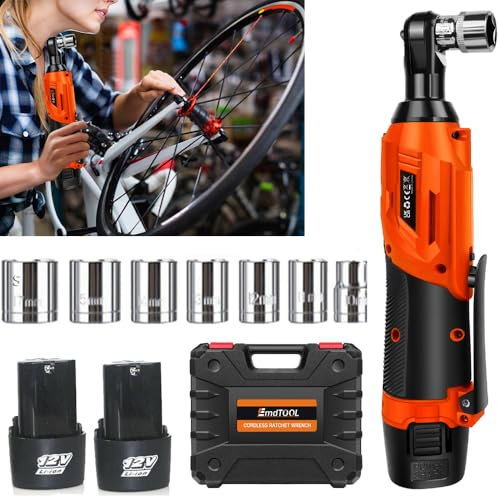 DayPlus Llave de carraca eléctrica con batería, 12 V, con 2 baterías y cargador, carraca eléctrica de 40 Nm, velocidad variable, 7 enchufes, color naranja