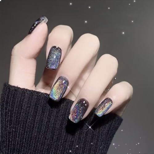 GlamRays Lot de 24 faux ongles courts carrés noirs à coller, avec motifs colorés, en acrylique brillant