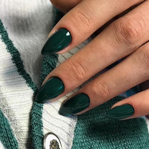 SXVME Dark Green Almond Shaped Press On Nails - 30 Pcs Thick Short False Nails, Natural Acrylic, Medium Fit, Glue On Nails For Women