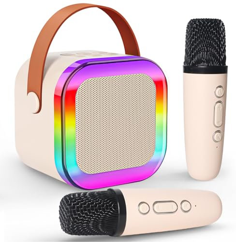 Jsdoin Karaoke-Maschine 2 Mikrofone, tragbare Karaoke-Maschine mit LED-Licht, Mädchen Geburtstagsgeschenke Mikrofon für Kinder Spielzeug Familien Geburtstag Party Jungen Geburtstagsgeschenke (Beige)