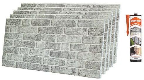 3D Wandpaneele Steinoptik Kit, 5er-Pack 50x100 cm Wandpaneele in Ziegelsteinoptik mit Klebstoff, Leichte Styropor Wandverkleidung in Backsteinoptik für Wohnzimmer, Schlafzimmer, Einfache Montage, DIY