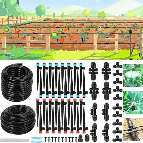 Powate 130FT Système D'irrigation Jardin, Kit d'irrigation Goutte avec 46FT 1/2'' Tubing, New Quick-Connect 1/4 inch Fittings Automatic Sprinkler for Plant Flower Bed pour Jardin pelouse Serre Plantes