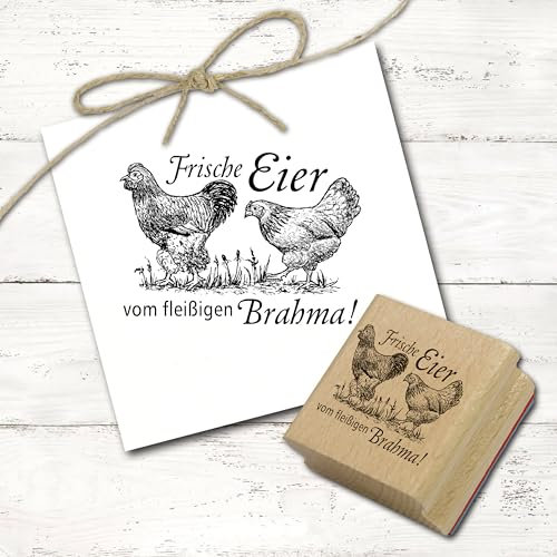 Dekolando Motivstempel Frische Eier vom fleißigen Brahma - Stempel Holzstempel Landhaus Huhn - Abdruck 68 x 48 mm