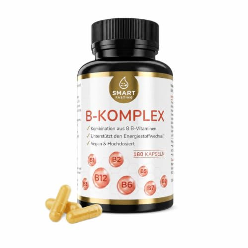 Vitamin B-Komplex - Mit 8 essentiellen B-Vitaminen (B1, B2, B3, B5, B6, B7, B9, B12) - Hochdosiert, vegan & ohne Zusatzstoffe - Für Energie, Nerven & Stoffwechsel - 180 Kapseln für 6 Monate