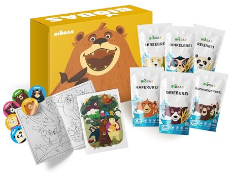 BIOBAS Babybrei Set 6x200g - ohne Zuckerzusatz, ohne Milch und GMO - Bio-Babynahrung ab 4 Monaten, Zubereitung von Babynahrung, Gesunder & leckerer Brei - Grießfrei, Ideal für Abendbrei Baby