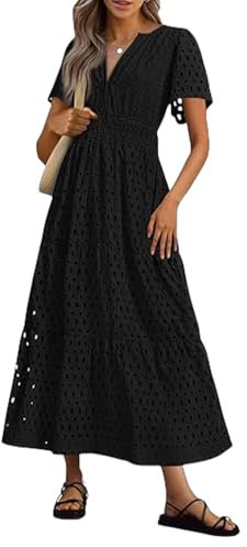 Summer Maxi Dresses for Women UK Wedding Guest Dress Short Sleeve Casual Boho V Neck Hollow Out Eyelet Ruffle Swing A Line Cotton Long Flowy Beach Vacation Evening Dresses Black