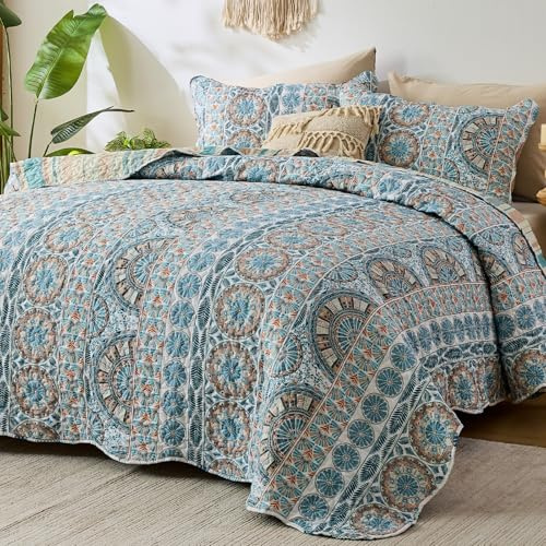 Qucover Boho Quilts Bettwäsche-Set für King-Size-Betten, Blaugrün | Tagesdecke mit 2 Kissenbezügen, gestreiftes Design, leicht, wendbar, Mikrofaser, für alle Jahreszeiten, 269,2 x 243,8 cm
