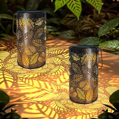 2 Stück Blätter Solarlaterne, Geburtstagsgeschenk für Frauen, Metall Solar Laternen Garten Ornamente Outdoor, Geschenk für Mama Oma, Wasserdichtes LED-Licht Garten Hängeleuchten für Tisch Terrasse