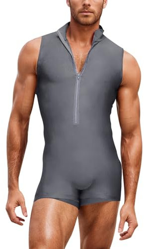 Generisch Men's Swimsuit One-Piece Swimming Costume Water Sports Surf Suit Shorty Wetsuit Beachwear with Zip Fitness Suits One Piece Training Body Racer Back Tank Top, gray, L