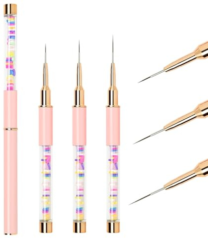 3PCS Nail Art Liner Brushes Set with Lid and Cartoon Handle 7/9/11mm, LEA-SHALL Fine Detail Gel Nail Pens Line Painting Cap Kit Thin Acrylic Brush Tools for DIY Decoration Professional Design Pink