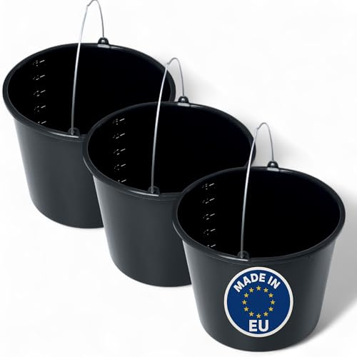 MELTOM Baueimer 12 L Schwarz mit Skala und Metallbügel – 3 Stück | Formstabiler Kunststoff mit verstärktem Rand · für Mörtel, Farbe, Putz und Wasser · Baustelle, Garten und Haushalt