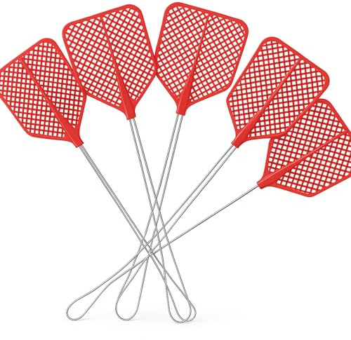 LifeChic Battimosche Manuale 43 cm – Manico in Ferro, Paletta Flessibile in Plastica Rossa – Scacciamosche per Interni ed Esterni – Contro Mosche, Zanzare e Insetti Volanti - Confezione da 5 pezzi