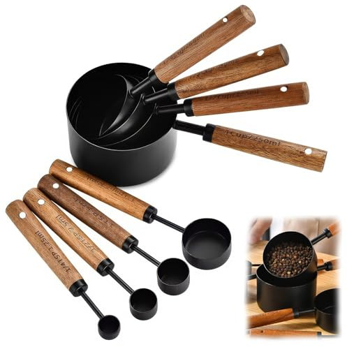 Measuring Cups and Spoons Set, 8 Pack Gold Measuring Spoons with Acacia Wood Handle Stainless Steel Dry & Liquid Measuring Cups for Baking Cooking (Black)