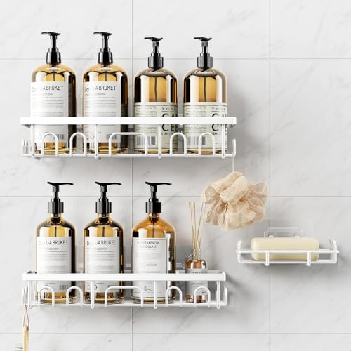 Deyhoc 3 Pack Rustproof Stainless Steel Shower Caddy - White | Bathroom Storage Accessory Shelf Organiser Adhesive No Drilling Hanging, Soap Holder Set, Kitchen Wall Mounted Corner Decor