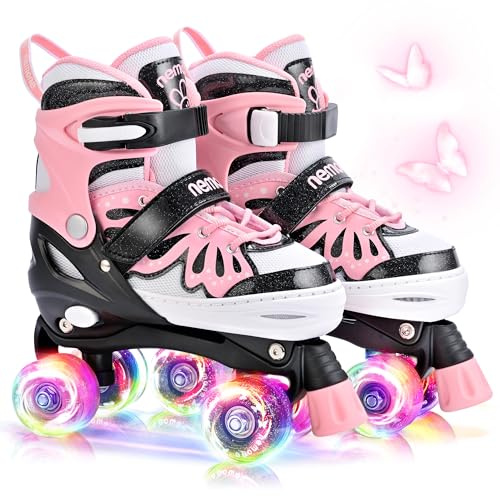 NEMONE Kinder Rollschuhe für Mädchen | 4 Größen Verstellbar Leucht Rollschuhe, Meerjungfrau Schmetterling Inline Rollschuhe für Anfänger