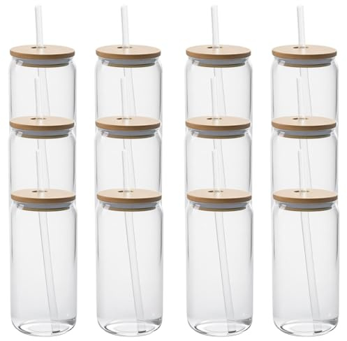 Hniuyun 480ml Can Shaped Glass Cups Set, Drinking Glasses with Bamboo Lids and Glass Straw, Beer Glasses, Iced Coffee Glasses, Clear Cute Tumbler Cup, Ideal for Cocktail, Coke, Soda(12 pcs)