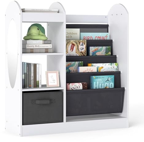 FANTASK Kinderregal Bücherregal, Aufbewahrungsregal mit Spiegel sowie 4-lagigen Fächern, Stoffschublade und 3 Haken, Zeitungsständer für Kinderzimmer Spielzimmer, Weiß