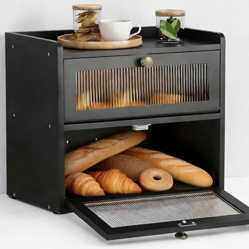 Houbobo Double Decker Bread Bin - Wooden Bread Box for Kitchen Countertop, Large Kitchen Countertop Food Organiser, Stylish Bread Storage Container with Acrylic Window, 36.5x24x34 cm, Black