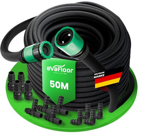 EVAFLOOR Tropfschlauch Set 50 m | Perlschlauch Tropfbewässerung mit Wassereinsparung | Ideal für Garten, Gemüsebeet und Hecken | Anschluss-Set Inklusive (50)