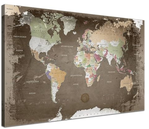 LANA KK Stilvolle Pinnwand Weltkarte - Used - Deutsch in 100 x 70 cm, stabile Rückwand zum Pinnen inkl. Starterkit - Leinwand-Kunstdruck Wandbild Landkarte XXL