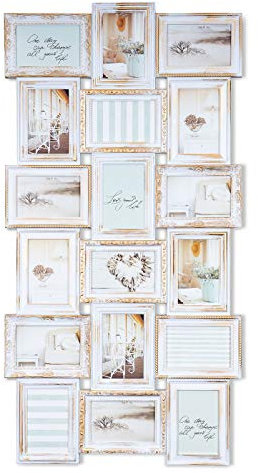 levandeo Fotocollage für 18 Fotos 10x15 weiß Gold Kupfer gewischt, Shabby antik Look - Sehr edler Barock Bilderrahmen nostalgisch Nostalgie Landhaus Fotogalerie Fotorahmen