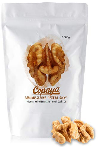 Copaya Walnusskerne in Premium Qualität, Sehr Milde & Aromatische Walnüsse, Handgeschlagene Kerne, Extra Dick & Hell in Rohkostqualität aus Chile im verschließbarem Aromaschutzbeutel, 1000g (1KG)
