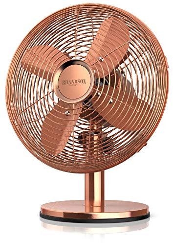 Brandson - Ventilateur de table silencieux 30W, Design rétro chromé industriel, Desk fan, 3 vitesses, mobile portable, Oscillation 80°, Inclinable à 40°, Boîtier métallique, Modèle Copperline cuivre