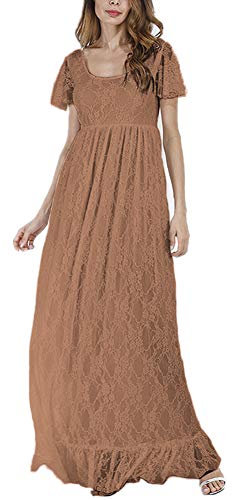 FYMNSI Robe de maternité longue en dentelle pour femme enceinte - Robe de grossesse - Robe de fête de maternité - Robe de fête - Tenue de photo de grossesse - Tenue de photographie - Marron - XXXL
