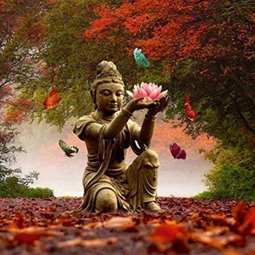 Kit Peinture Numéro Statue de Bouddha Paysage D'Automne DIY Ensemble Complet Peinture à l'huile Kit pour Enfants et Adultes avec Brosses et Peintures Acryliques 40x50Cm Sans cadre