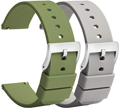 TStrap Montre Bracelets Silicone 22mm - Bracelet de Montre à Dégagement Rapide Caoutchouc Vert Gris Hommes Femmes Sport - Bracelets de Montres étanche pour Smartwatch Boucle Argent - 18mm 20mm