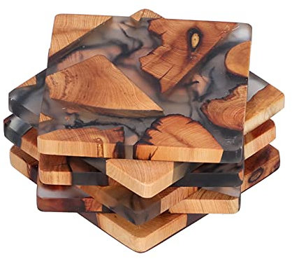 Lot de 6 Sous-Verres carré, Dessous de verre en résine Sous-verres de tasse décoratif Tapis de tasse en grain de bois pour table