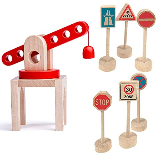 Set: Magnet - Kran + 6 Verkehrszeichen - für Holz Eisenbahn - Kranset - passend für alle Schienen-Systeme & Straßen - z.B. Brio/Heros/Eichhorn/IKEA/Wo..