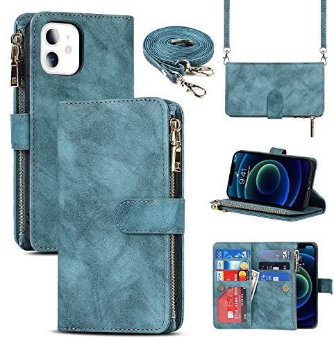 Cavor Crossbody iPhone 12 Mini Case With Card Holder With Strap,Flip Leather Wallet Case,[9 Card Holder] Zipper Detachable Lanyard Phone Case Cover for Women for iPhone 12 Mini - Light Blue