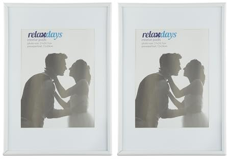 Relaxdays 2 x Bilderrahmen 20x30 cm, Passepartout 15x20 cm, Schlichter Fotorahmen zum Stellen oder Hinhängen, aus Kunststoff, weiß