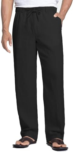 COOFANDY Pantalones Lino Hombre Verano Largos Casual Playa Pantalones Cintura Elástica Cordón Ligeros Negro-b XXL