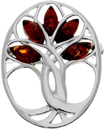 Broche arbre de vie GL824 en argent sterling 925 et ambre véritable de la Baltique