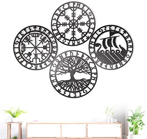 Dubbulon 4 Stück Wikinger Wand Deko, Wikinger Wanddeko, Nordische Mythologie Runensymbole Innendekoration, Schwarz Ausgehöhlte Wandkunst, Ornament Für Wohnzimmer, Schlafzimmer, Küche