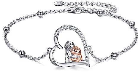 YFN Faultier-Geschenke für Frauen und Mädchen, Sterling-Silber, Faultier-Tier-Herz-Armbänder, Sterling-Silber, verstellbares Armband, Schmuck, Geschenke für Frauen und Mädchen, 17,8 cm + 5,1 cm