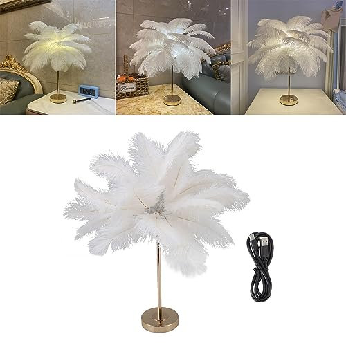 Gugxiom Straußenfeder-Lampe, Touch-Schalter, USB-Feder-Tischlampe, Prinzessinnen-Lampe, ästhetische Nachttisch-Gold-Schreibtischleuchte, Flippige Tischlampe für Mädchen-Schlafzimmer,